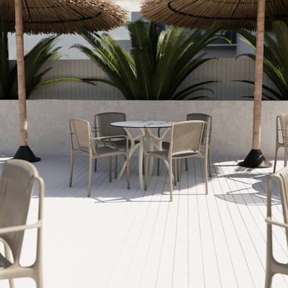 Mesa Ivy Redonda 77Ø Marmol Blanco Base Beige